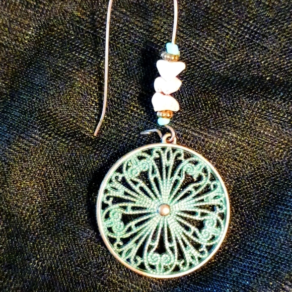 Dangle earrings, round, bead, copper, patina, green, turquoise, pink, cream - Picture 3 of 5